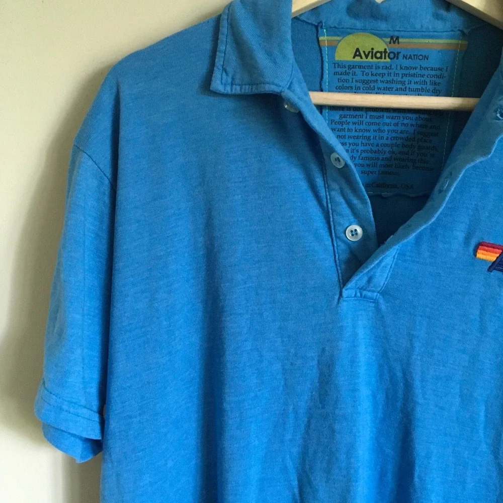 Aviator Nation Mens Blue Rainbow Logo Polo Shirt Short Sleeve Size M Made in USA - Picture 3 of 7